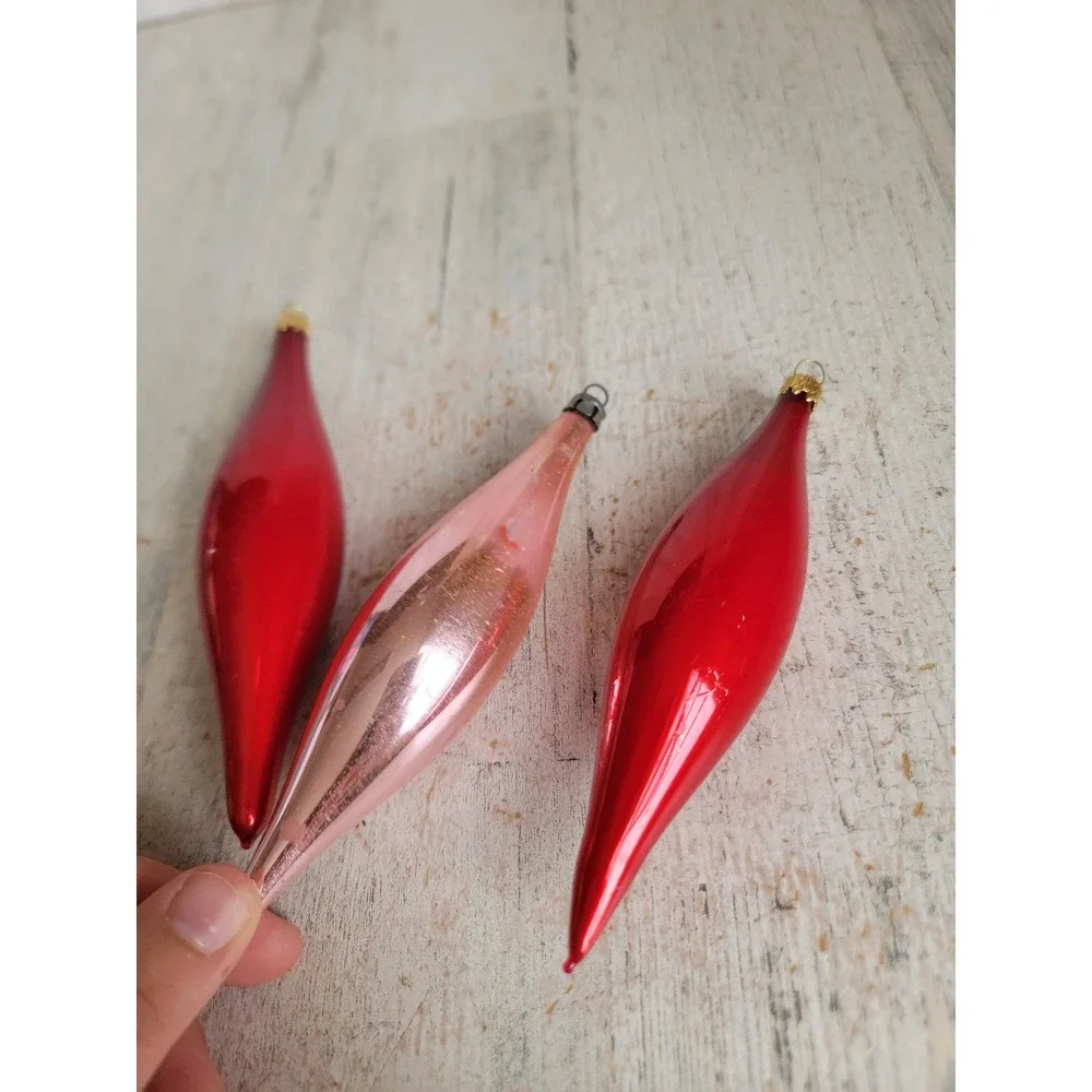 Pink red abstract blown glass ornament vintage Xmas set Valentine